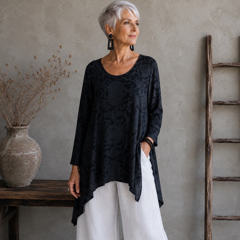 Bryn Walker Black on Black Floral Tunic Large